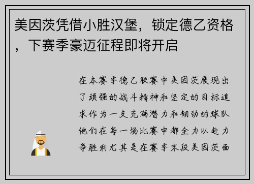 美因茨凭借小胜汉堡，锁定德乙资格，下赛季豪迈征程即将开启